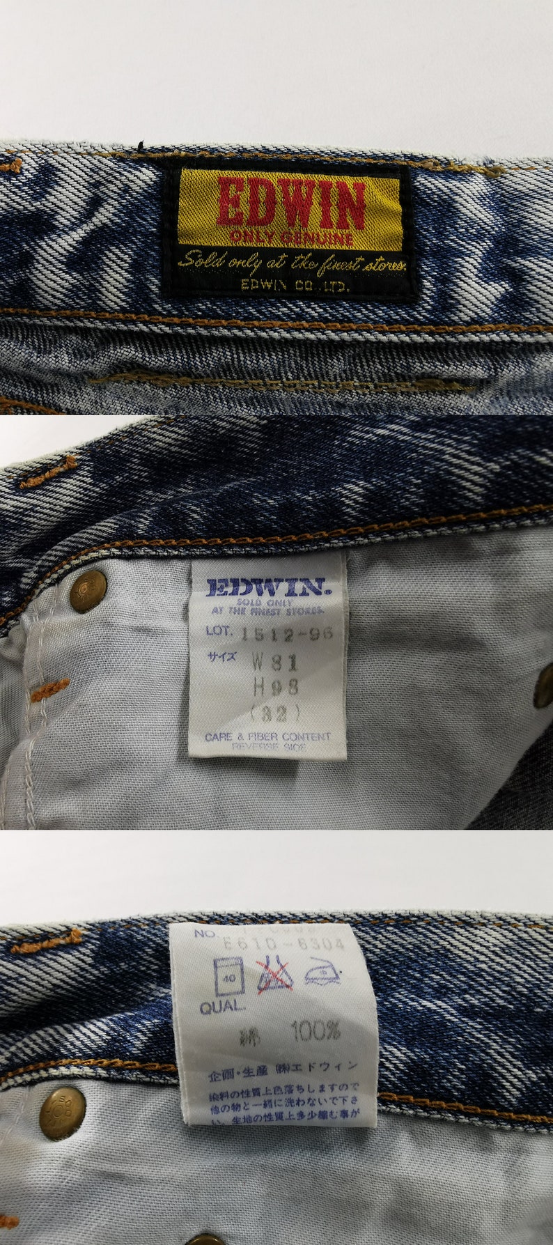 K&ouml;nnte beinhalten: Nahaufnahme einer blauen Jeans mit Acid-Wash-Effekt. Die Jeans zeigt das Markenetikett "EDWIN" und Gr&ouml;&szlig;eninformationen. Die Bundweite ist W81, und die H&uuml;ftweite ist H98 (ca. 81 cm). Es gibt auch ein Pflege- und Fasergehalts-Etikett.