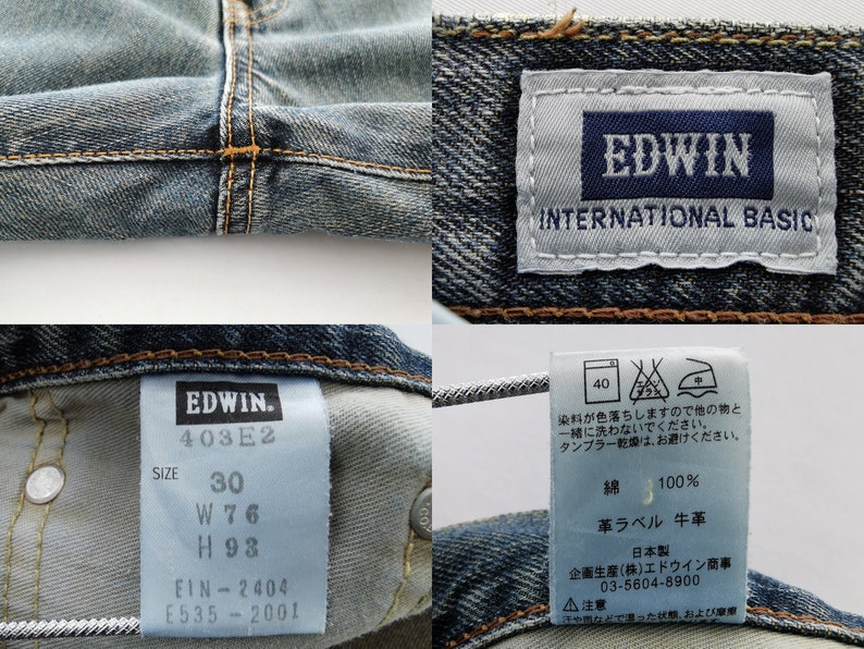 May include: Close-up of blue denim jeans with visible stitching and labels. The labels display the brand "EDWIN" and "INTERNATIONAL BASIC", along with size details: waist 30 inches, waist 76 cm, and hips 93 cm. Additional tags provide care instructions.