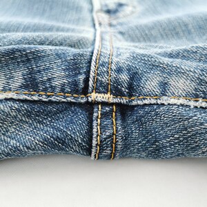 May include: Close-up of blue denim jeans with visible stitching. The jeans have a classic, worn look with yellow thread detailing along the seams. The fabric shows a textured pattern, highlighting the denim's weave.