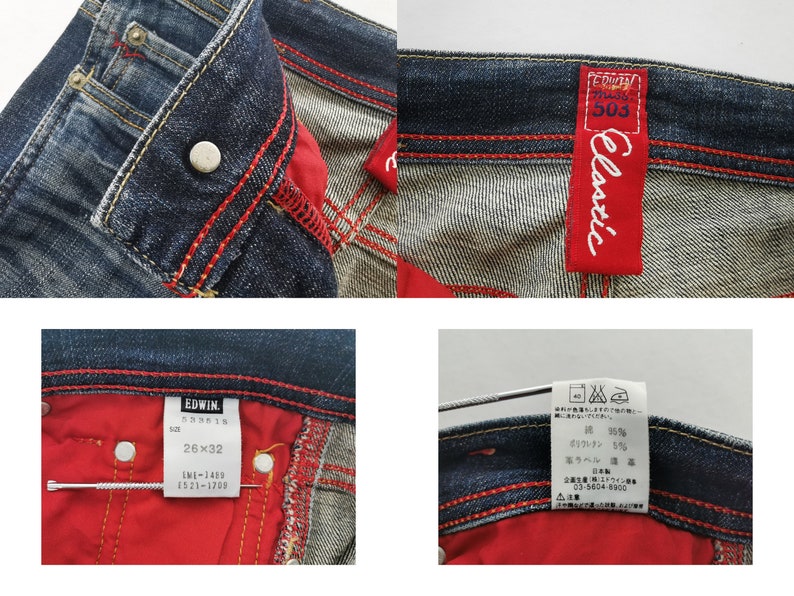 Pu&ograve; includere: Jeans in denim blu scuro con cuciture rosate a contrasto, chiusura con bottone in metallo e fodera interna rossa. Le etichette riportano il marchio EDWIN, il modello 503, la taglia 26x32 e le istruzioni per la cura in giapponese.