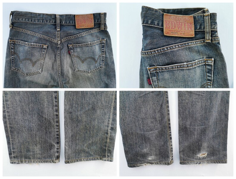 May include: Four-panel image of faded blue denim jeans. The jeans have a classic five-pocket design, with a leather patch on the back waistband. The jeans show signs of wear and tear, with some fading and distressing.