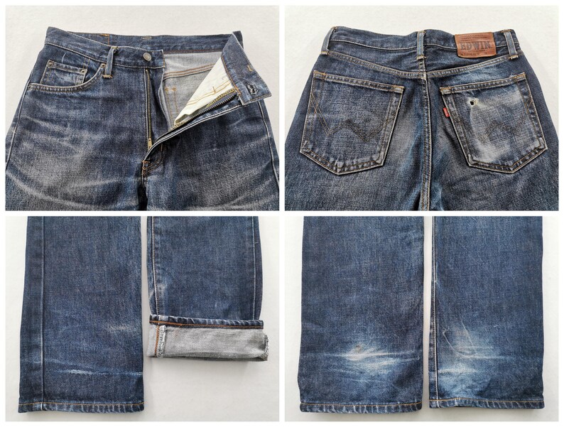 K&ouml;nnte beinhalten: Vier-Panel-Bild einer dunkel gewaschenen Jeans. Die Vorderansicht zeigt den Knopf- und Rei&szlig;verschluss, die Taschen und das Ausbleichen. Die R&uuml;ckansicht zeigt die Taschen, den Lederaufn&auml;her und die Abnutzung. Die unteren Paneele zeigen die Beine und Manschetten.