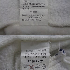 May include: Close-up of two white fabric tags with Japanese text and care symbols. The tags include information about the fabric composition: 95% polyester and 5% polyurethane. The tags are attached to a white fabric.