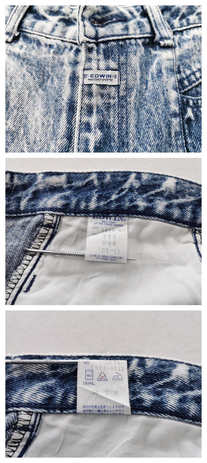 May include: Close-up of acid wash denim jeans. The jeans have a faded blue and white pattern. The Edwin brand label is visible. The jeans have a button and zipper closure. The jeans have a tag with the size and care instructions.