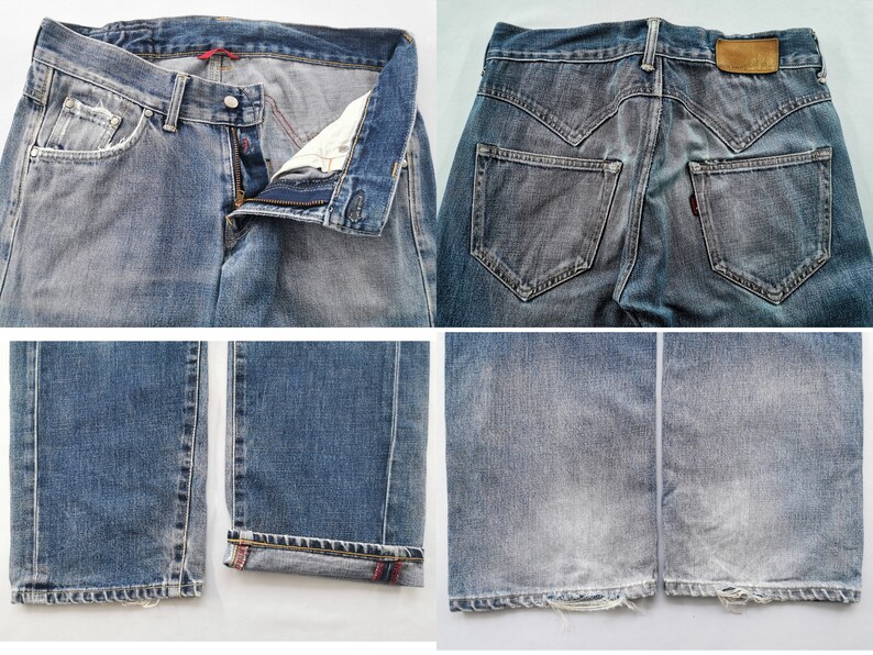 May include: Blue denim jeans with a classic five-pocket design. The jeans have a button and zip closure, with a distressed look and faded areas. The back features two pockets and a leather patch.