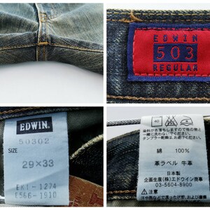 May include: Close-up of blue denim jeans with visible stitching and a red and blue Edwin 503 Regular label. The jeans have a size tag showing 29x33. The fabric is 100% cotton.