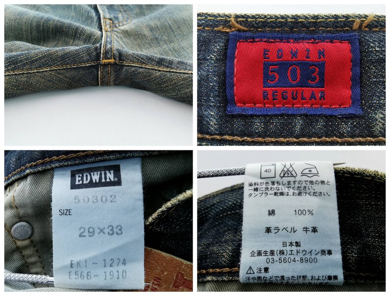 May include: Close-up of blue denim jeans with visible stitching and a red and blue Edwin 503 Regular label. The jeans have a size tag showing 29x33. The fabric is 100% cotton.