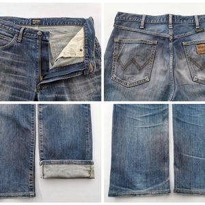 May include: Four-panel image of blue denim jeans. The top left shows the front with the button and zipper open. The top right shows the back with the pockets and a brown leather patch. The bottom panels show the legs of the jeans.