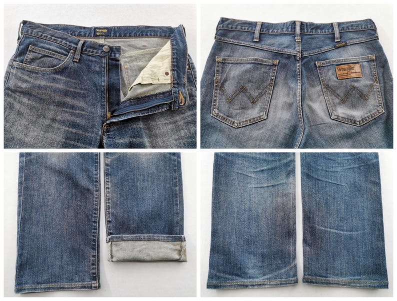 May include: Four-panel image of blue denim jeans. The top left shows the front with the button and zipper open. The top right shows the back with the pockets and a brown leather patch. The bottom panels show the legs of the jeans.