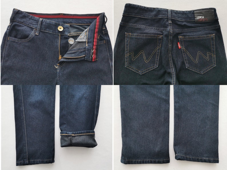 K&ouml;nnte beinhalten: Dunkelblaue Jeans aus Denim mit Knopf- und Rei&szlig;verschluss. Die Jeans haben ein klassisches F&uuml;nf-Taschen-Design mit einer markanten 'W'-f&ouml;rmigen Naht auf den Ges&auml;&szlig;taschen. Der Markenname 'Edwin' ist sichtbar.