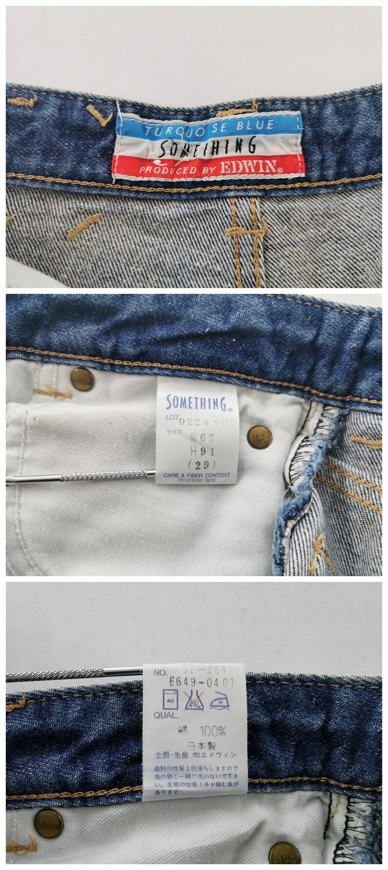 May include: Close-up of denim jeans with multiple tags. The top tag reads "TURQUOISE BLUE SOMETHING PRODUCED BY EDWIN." Other tags provide size information, including a waist size of W63, and care instructions. The jeans are made of 100% cotton.