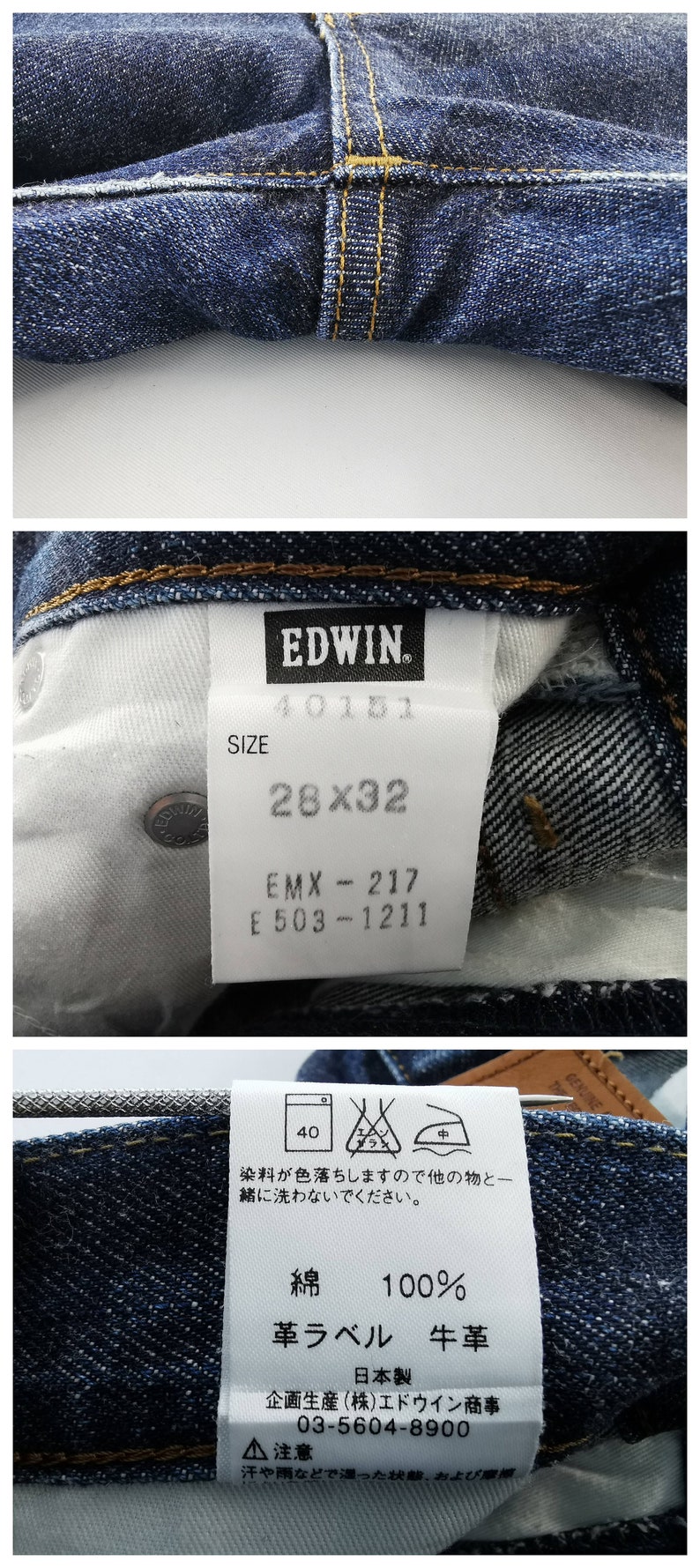 May include: Close-up of blue denim jeans with yellow stitching. The jeans have a label that reads "EDWIN" and size 28x32. The label also includes washing instructions and fabric composition.