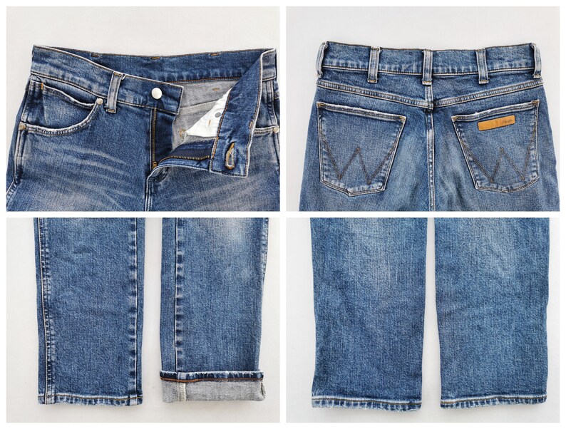 May include: Four-panel image of blue denim jeans. The first panel shows the front with the button and zipper open. The second panel shows the back with the Wrangler logo. The third panel shows the folded hem. The fourth panel shows the unfolded hem.
