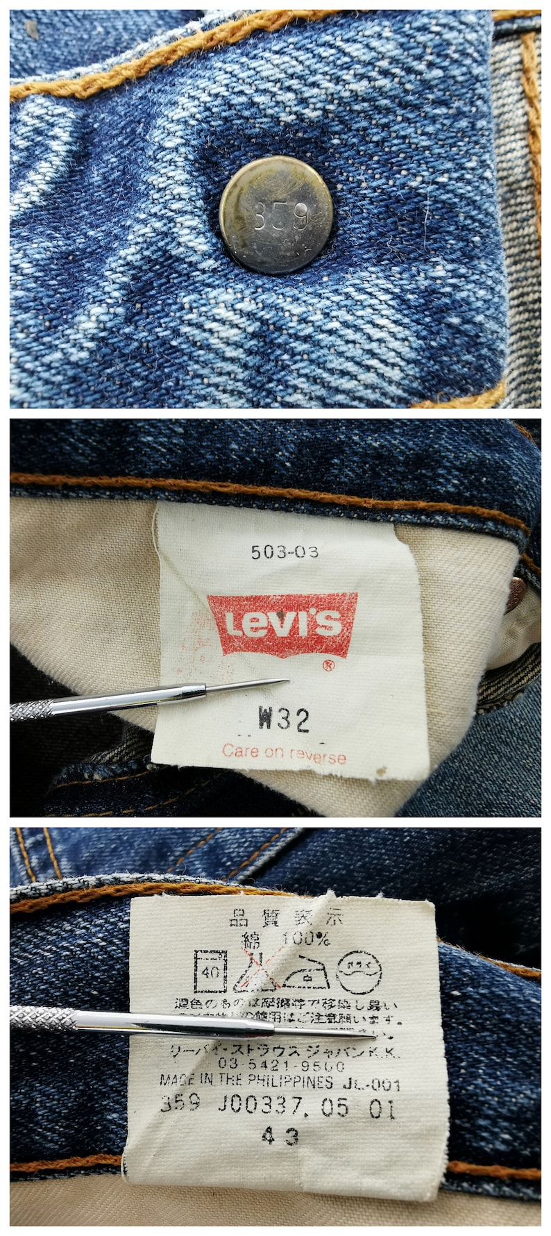May include: Close-up of vintage denim jeans with a metal button marked "359". The Levi's brand label is visible, along with a size tag indicating a W32 waist. The fabric is a classic blue denim.