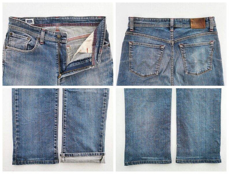May include: Four-panel image of blue denim jeans. The jeans have a button and zip closure, front and back pockets, and a brown leather patch. The cuffs are rolled up on one leg. The denim has a faded wash.