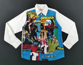 The Bohemians Shirt Vintage 90s Aloha Wears Dracula Frankenstien Button Shirt Made In Japan Size L