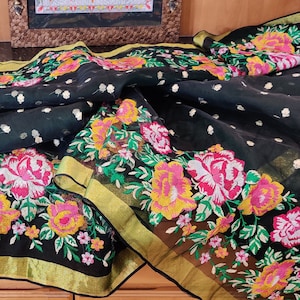 Machine embroidery on  Muslin saree with Stitched blouse : FREE Shipping