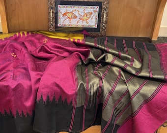 Handwoven Tussar Silk Saree: Ganga Jamuna Temple Border