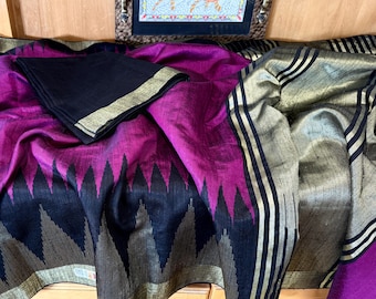 Handwoven Tussar Silk Saree with double temple border