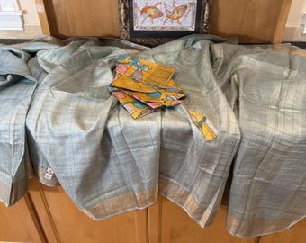 Silk Mark certified pure tussar silk saree with stitchted hand painted kalamkari blouse