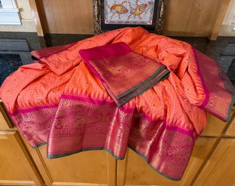 Soft Silk Saree: Contrast Border Pallu - Peach Color