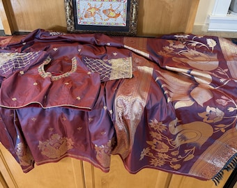 Paithani Soft Silk Saree with Embroidered Stitched Blouse: Peacock Motif