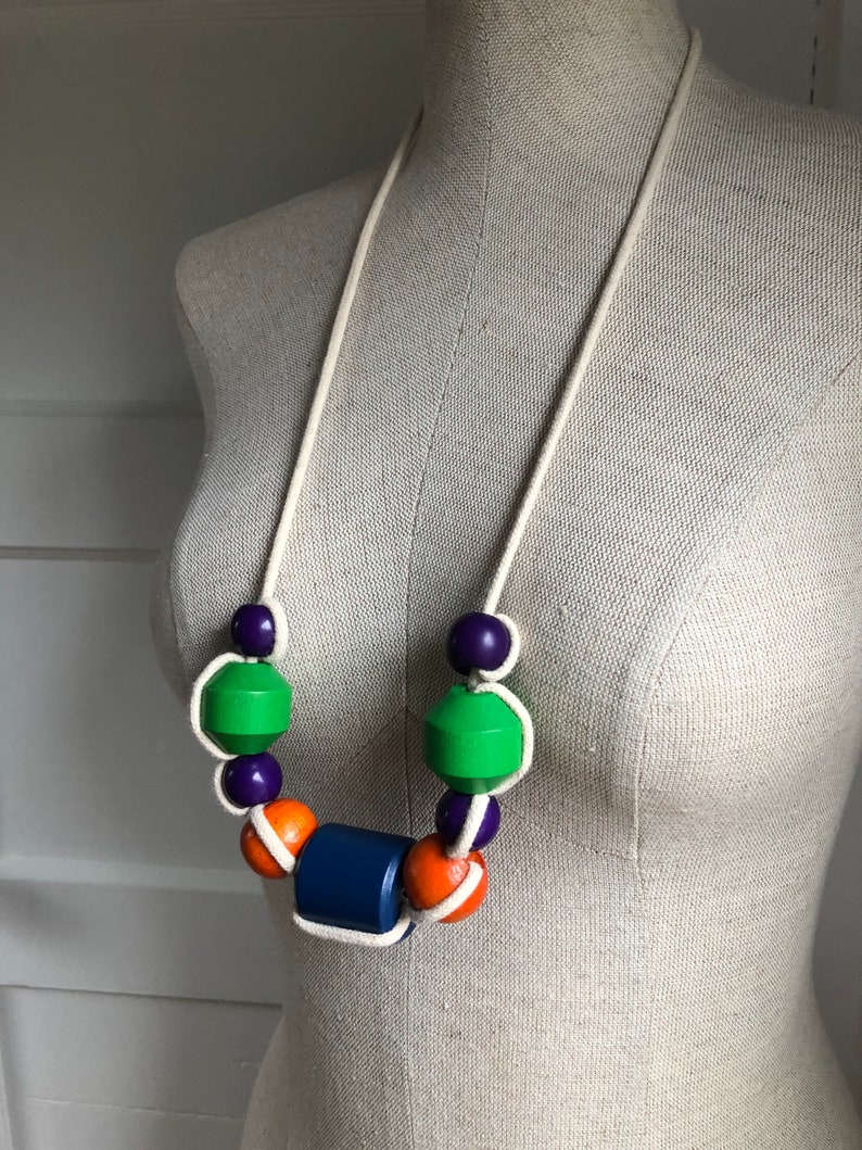 1970s Colorful Wooden Bead Natural Cotton Macram\u00e8 Statement Necklace