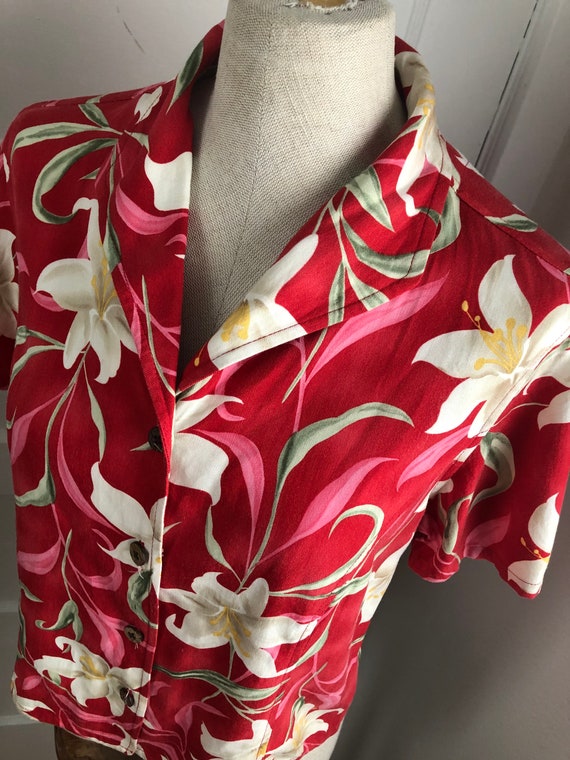 1990s Red Tropical Orchid Short Sleeve Hawaiian B… - image 2