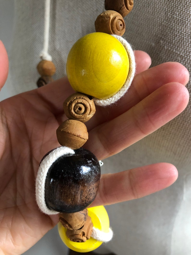 1970s Colorful Wooden Bead Natural Cotton Macram\u00e8 Statement Necklace