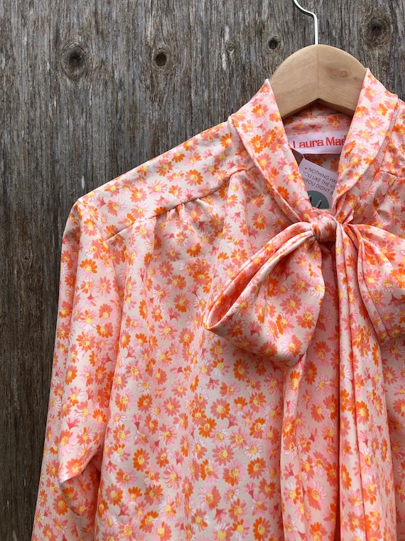 1980s Orange Floral Secretary Blouse- size M