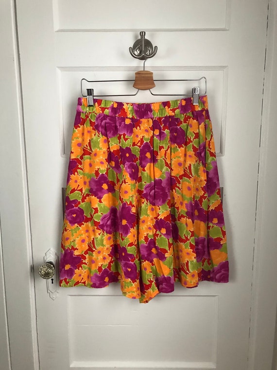 1980s / 1990s Bright Orange and Pink Floral Skorts wi… - Gem