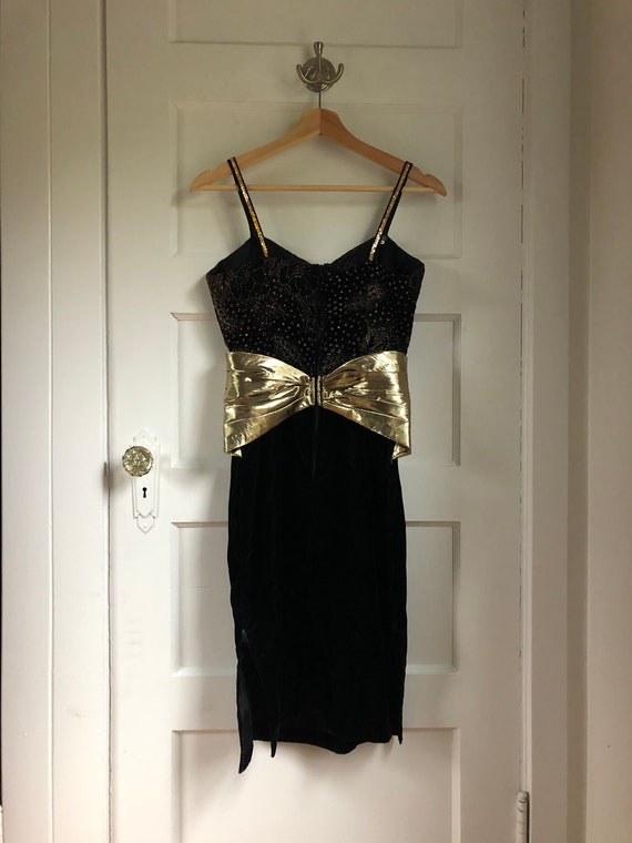 1980s Jessica McClintock Black & Gold Party Dress… - image 4