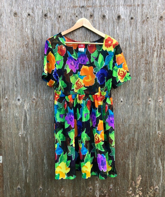 1990s Floral Mesh Baby Doll Dress-size M/L