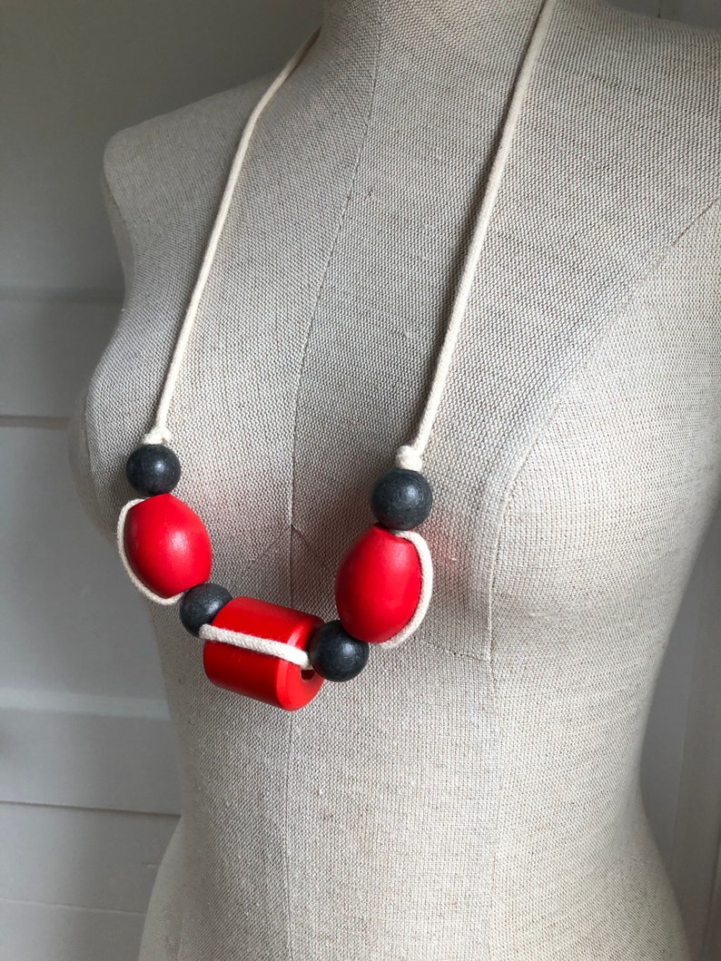 1970s Colorful Wooden Bead Natural Cotton Macram\u00e8 Statement Necklace