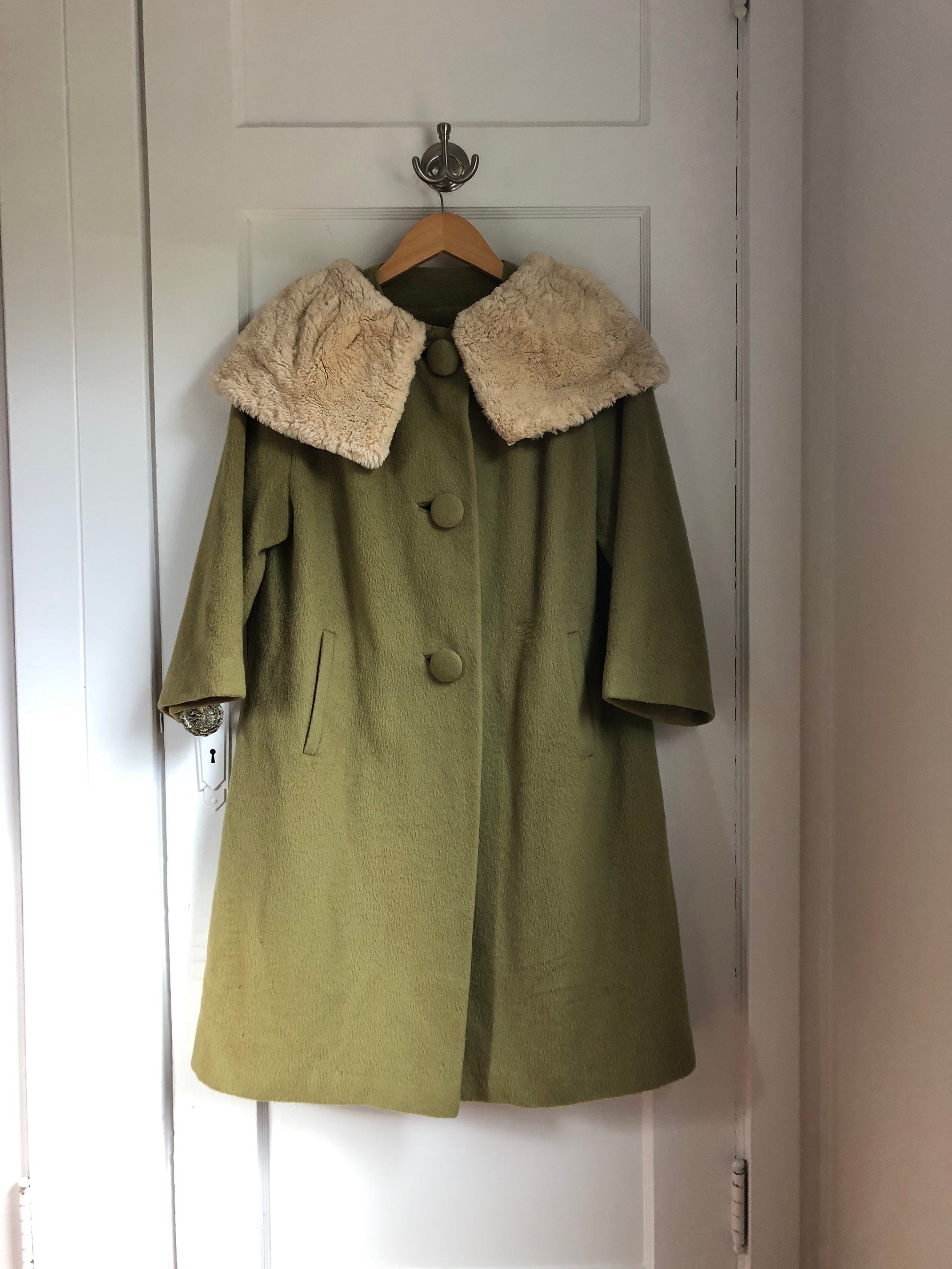 1950s Olive Green Fur Collar 3/4 Sleeve Wool Coat Size - Etsy