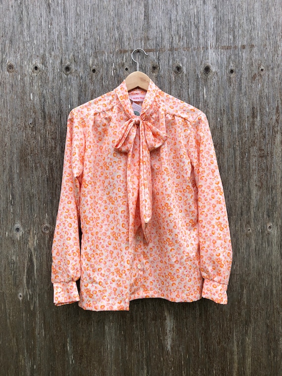 1980s Orange Floral Secretary Blouse- size M