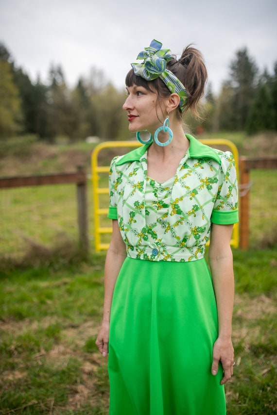 1970s Lime Green & Floral Maxi Dress- size XS