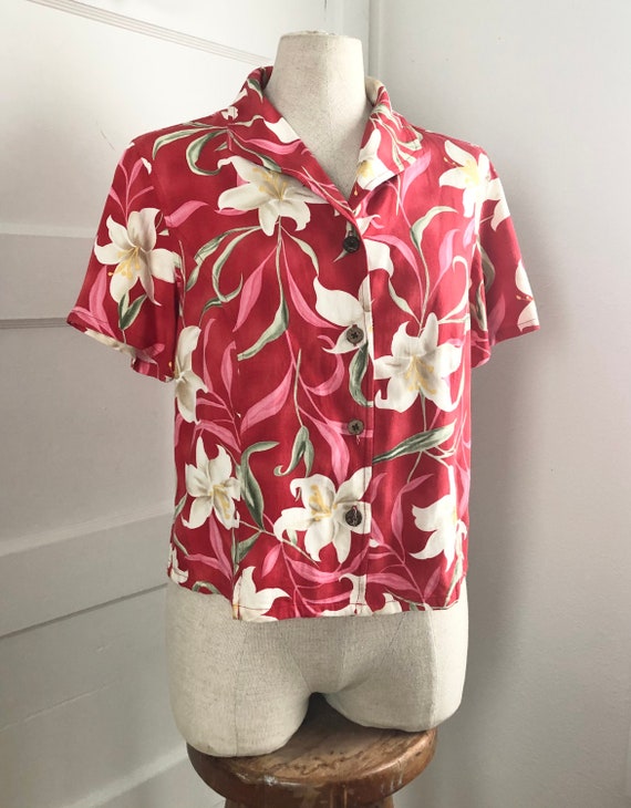 1990s Red Tropical Orchid Short Sleeve Hawaiian B… - image 1