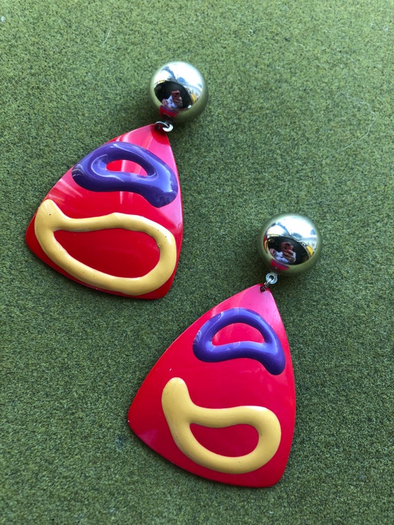 1980s Red Abstract Art Statement Earrings - image 2