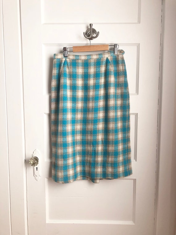1950s Electric Blue Plaid Wool Pencil Skirt- size 