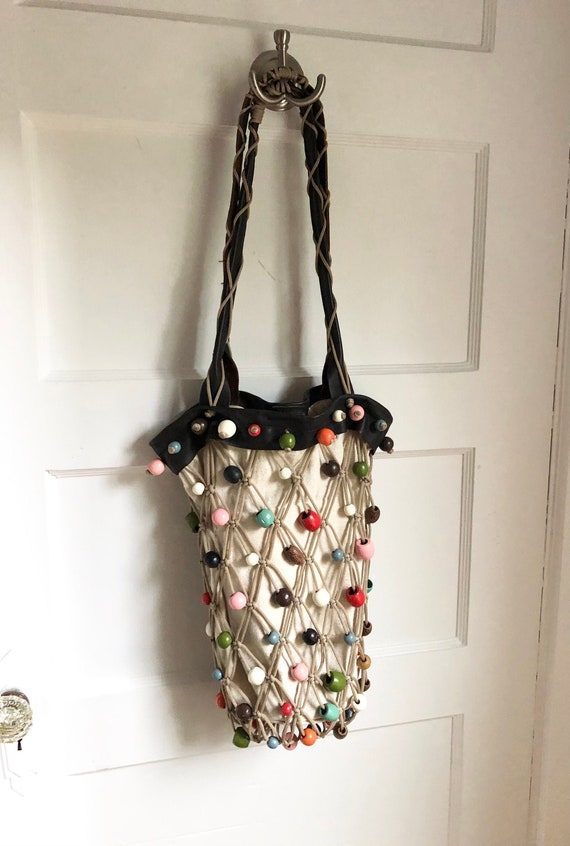 1970s Macramè Rainbow Beaded Bucket Bag with Leath