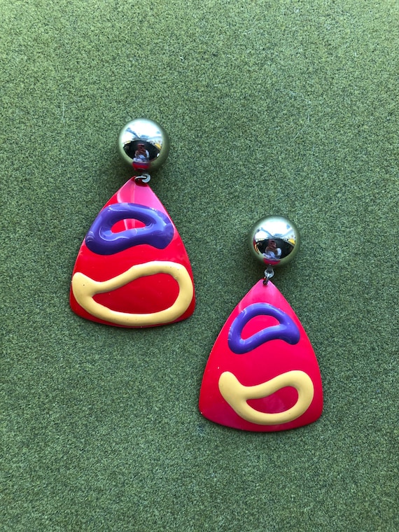 1980s Red Abstract Art Statement Earrings