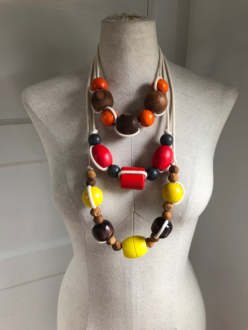 1970s Colorful Wooden Bead Natural Cotton Macram\u00e8 Statement Necklace