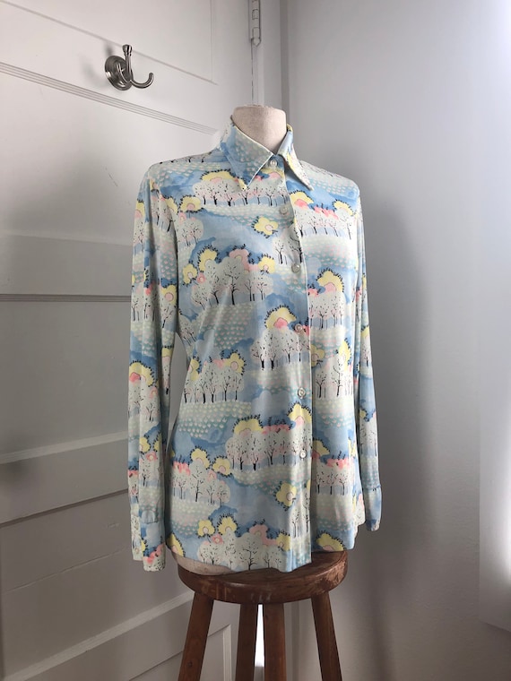 1970s Pastel Dreamscape Collared Button-Up- size m