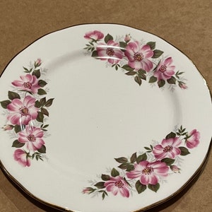 Vintage Queen Anne Cake Plate Bread n Butter Plate Gold Edge Rim & Pink Flowers Made in England High Tea Collectable Shabby Chic Mix n Match