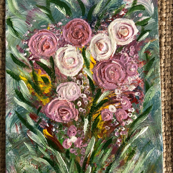 Acrylic abstract painting - Pretty peonies -original artwork - textured layered medium with gloss seal - 10" x 8" , 20cm x 25cm -Shabby Chic