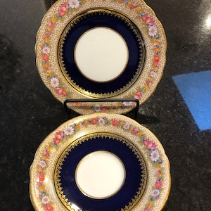 Aynsley Fine English Bone China  # B741 Vintage Saucer & Plate Gold Floral Trim Cobalt Blue Mosiac Edge Made in England Collectable