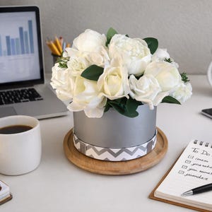 White Peony & Rose Hatbox Arrangement: Silver Floral Centerpiece