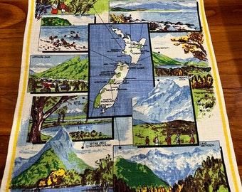 Sustainable Vintage Unused Tea Towel - Linen - Souvenir - New Zealand National Parks With Nearest Principal Towns-North Island-South Island