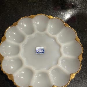 Vintage Anchor Hocking Fire King Milk Glass Deviled Egg Plate – 12 Eggs, Gold Rim